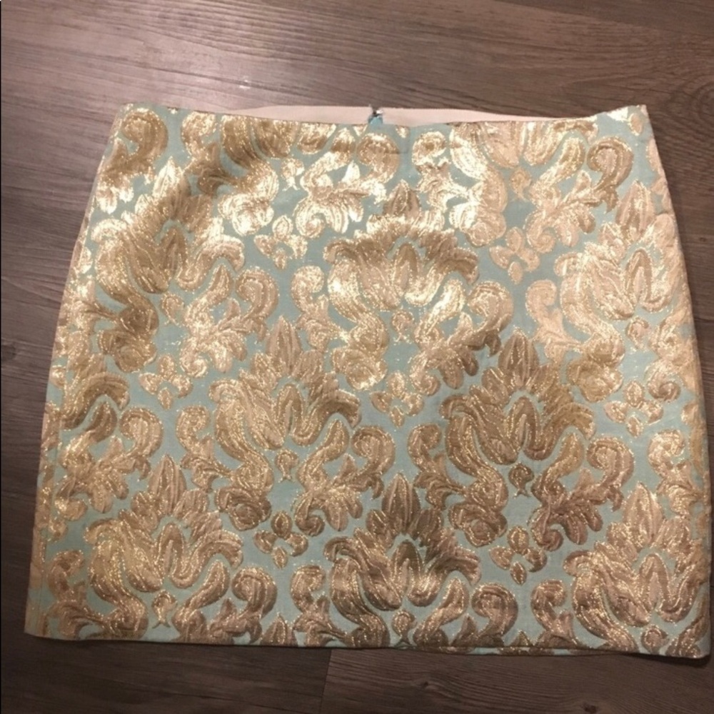 J. Crew mint and gold brocade skirt